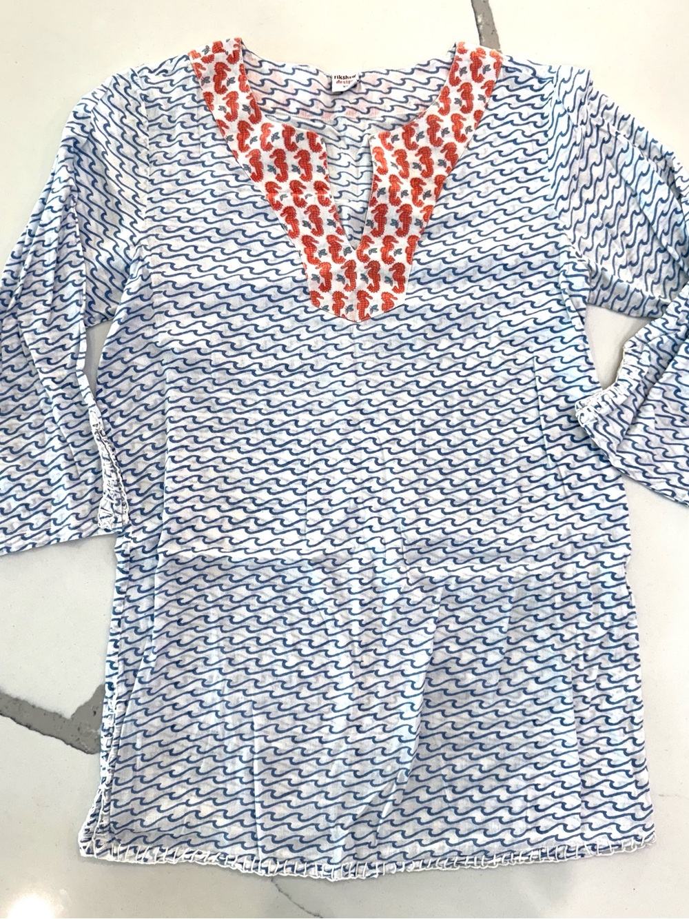 Women's Blue Wave-Print Tunic with Coral Accent